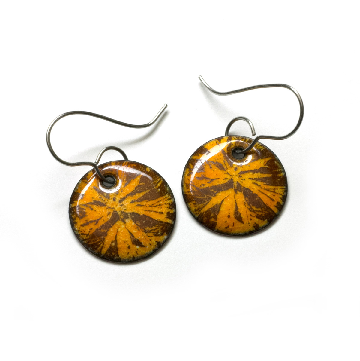orange enamel botanical earrings with stainless steel earwires