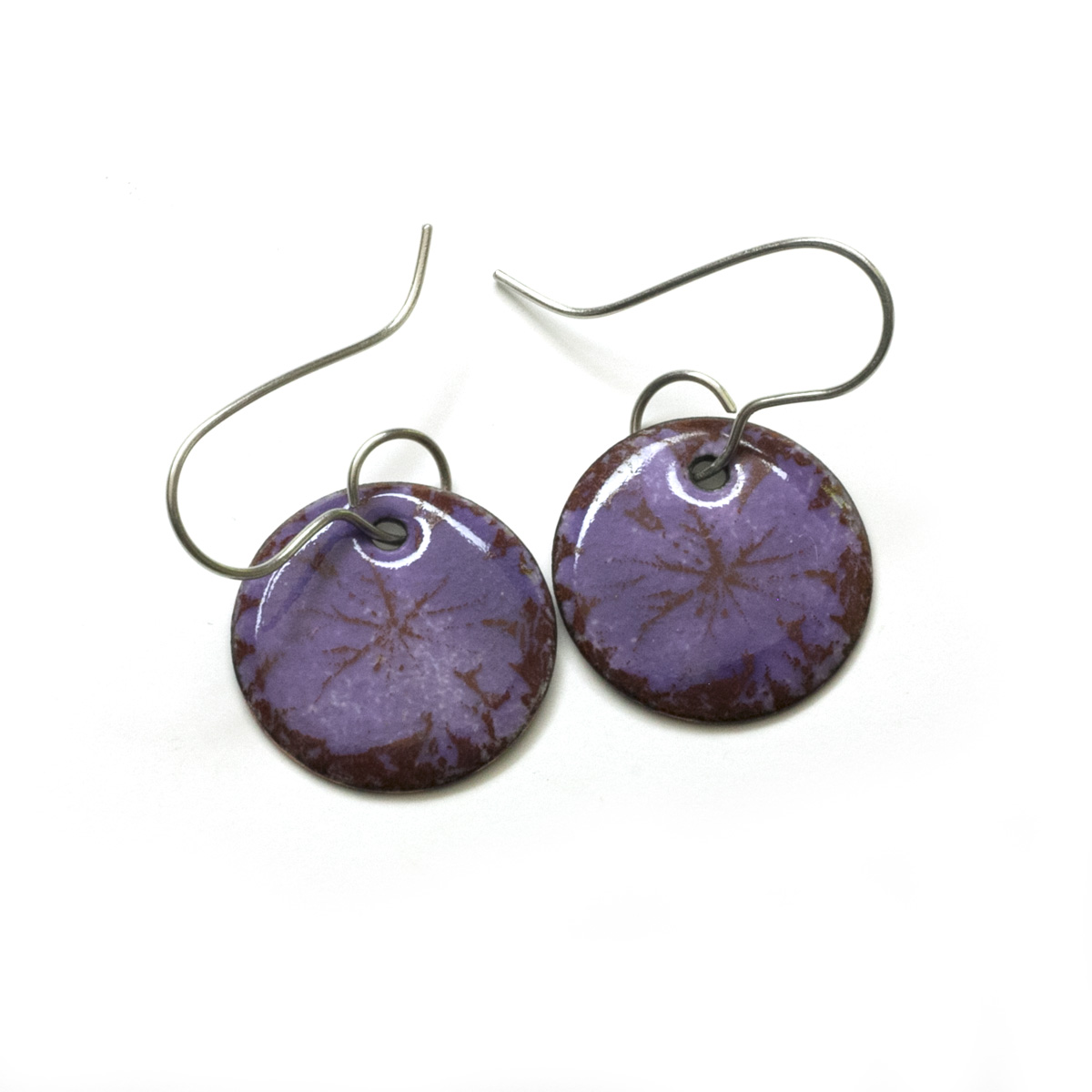 purple enamel earrings with hypoallergenic earwires