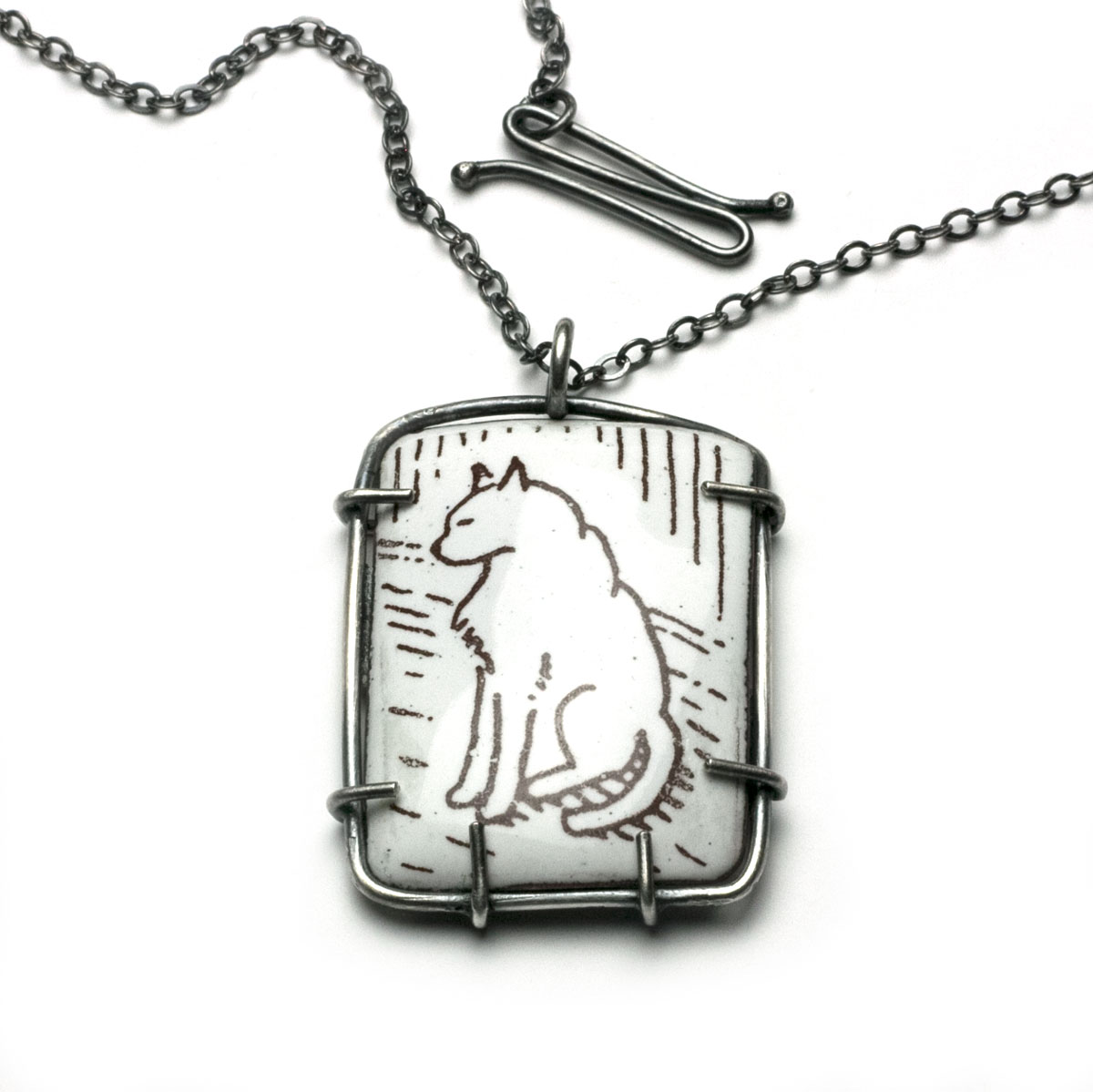 Kitty Necklace Vertical in enamel and sterling silver patinaed necklace